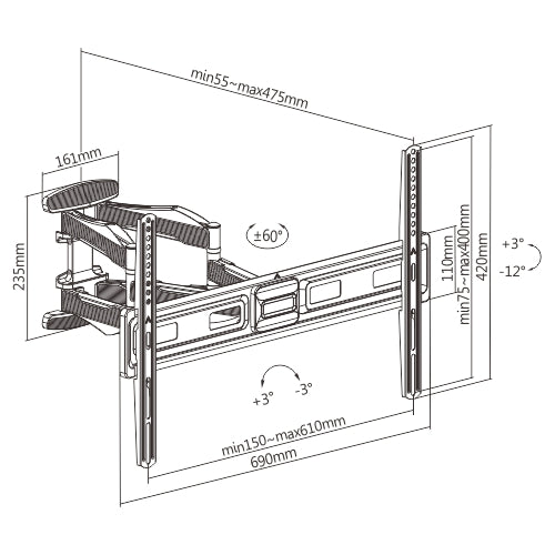 Heavy Duty Swing Arm TV Wall Bracket 37" 40" 42" 43" 46" 50" 55" 60" 65" 70" 75" VESA Max 600x400 Black