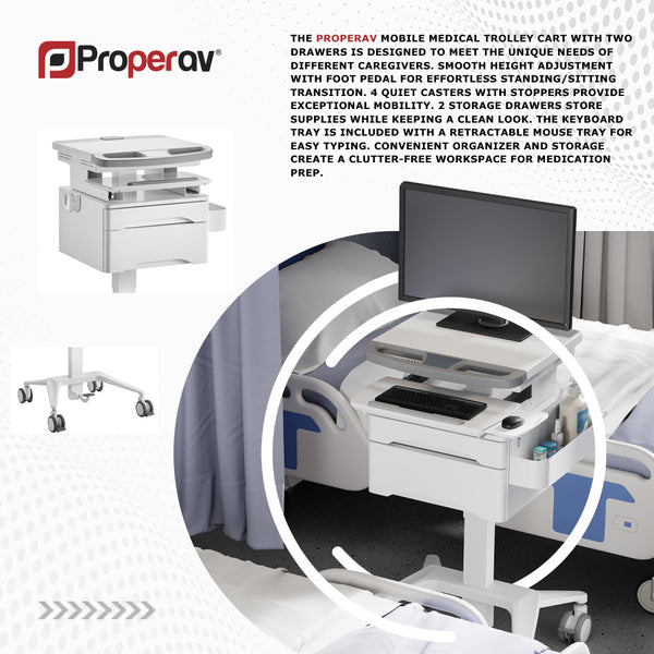Mobile Medical Trolley Cart 2 Drawers Pneumatic Height Adjustment
