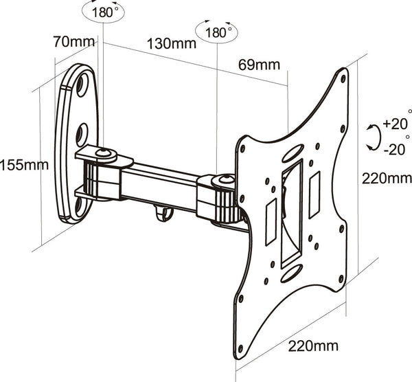 Swing Arm TV Wall Bracket 23" 24" 28" 32" 37" 40" 42" 43" Tilt 20° VESA Max 200x200 Black
