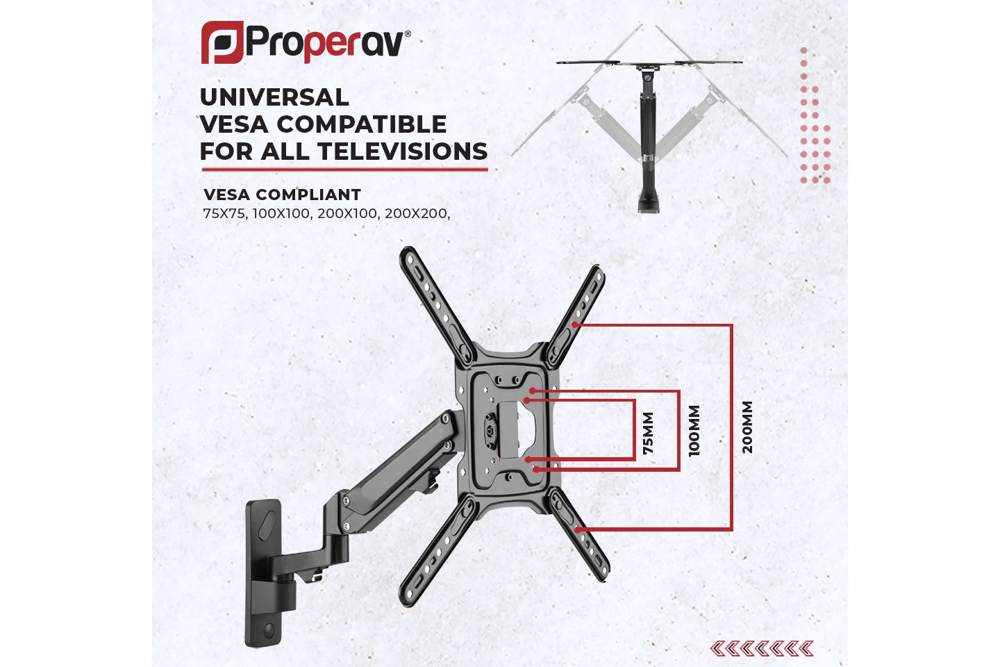 ProperAV Swing Arm TV Muurbeugel 23 24 28 32 37 40 42 42 43 Tilt 20° VESA Max 200x200 Dual Pivot Zwart ProperAV Swing Arm TV Muurbeugel 23 24 28 32 37 40 42 42 43 Tilt 20° VESA Max 200x200 Dual Pivot Zwart