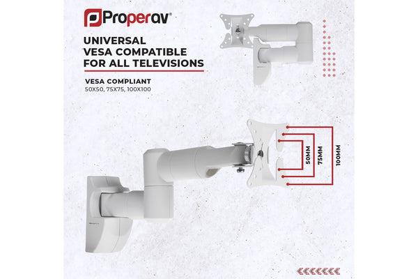 Swing Arm TV Wall Bracket 13" 19" 22" 23" 24" 28" Tilt 20° VESA Max 100x100 Dual Pivot White